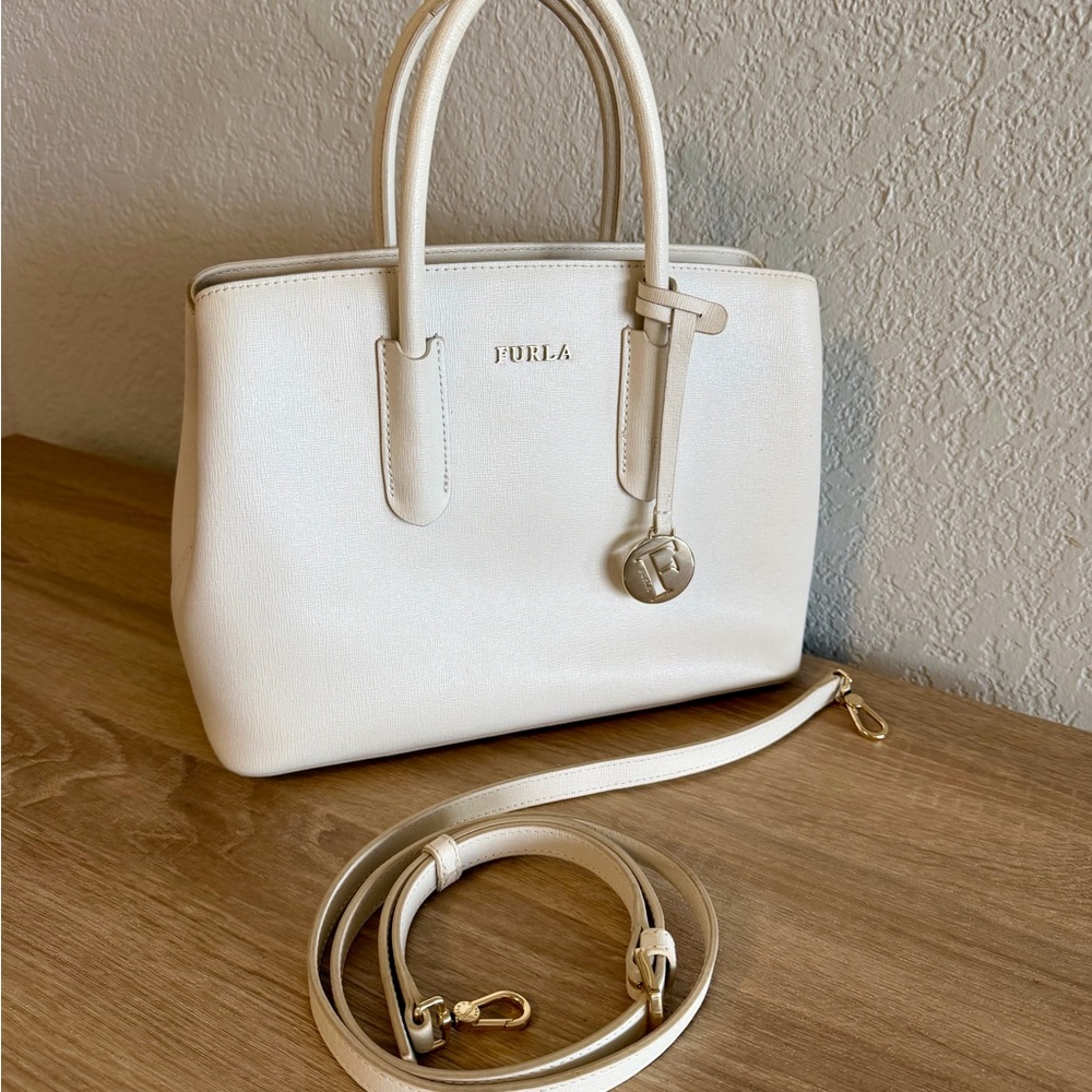 Furla Cream White Leather Top-Handle Satchel Tote with Gold Charm